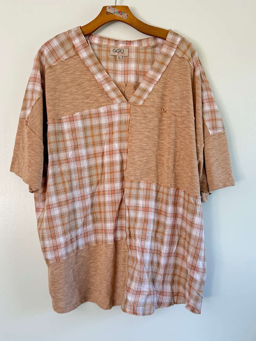 GGO Mixed Plaid Patchwork V-Neck Blouse in Tan and Cream